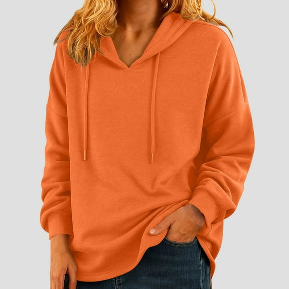 CQONEPT Womens Sweatshirts Dressy Casual Hoodies Fall Fashion Drawstring Clothes Solid Color Pullover Tops Orange 3XL