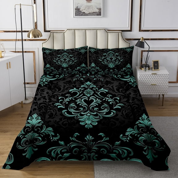 Manfei Teal Baroque Damask Bedspread Sets Queen Size, Hippie Flower Floral Bed Quilt, Vintage Victorian Bed Cover, Breathable Bedroom Decorative, 3-Piece