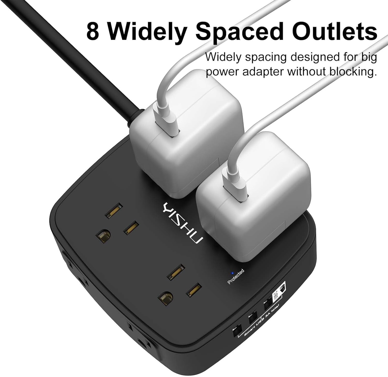 20 Ft Surge Protector Power Strip - 8 Widely Outlets with 4 USB Ports, 3 Side Outlet Extender with 20 Feet Extension Cord, Flat Plug, Wall Mount, Desk USB Charging Station, ETL, Black