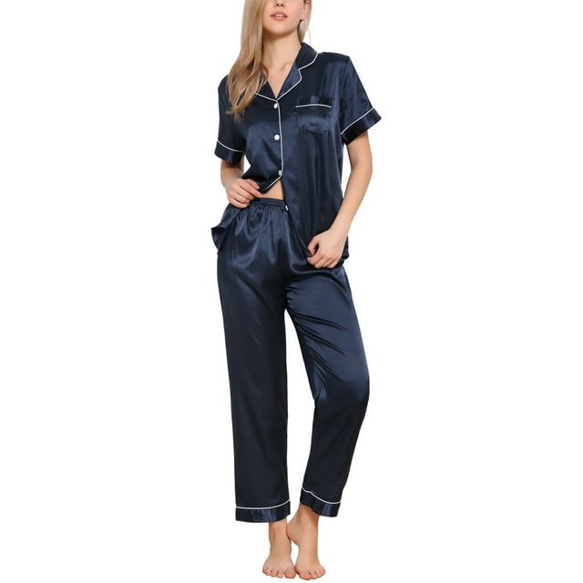 Conjunto de pijama de 2 piezas para mujer INSPIRE CHIC, camisa de dormir con botones y pantalones, ropa de noche, talla XL, azul