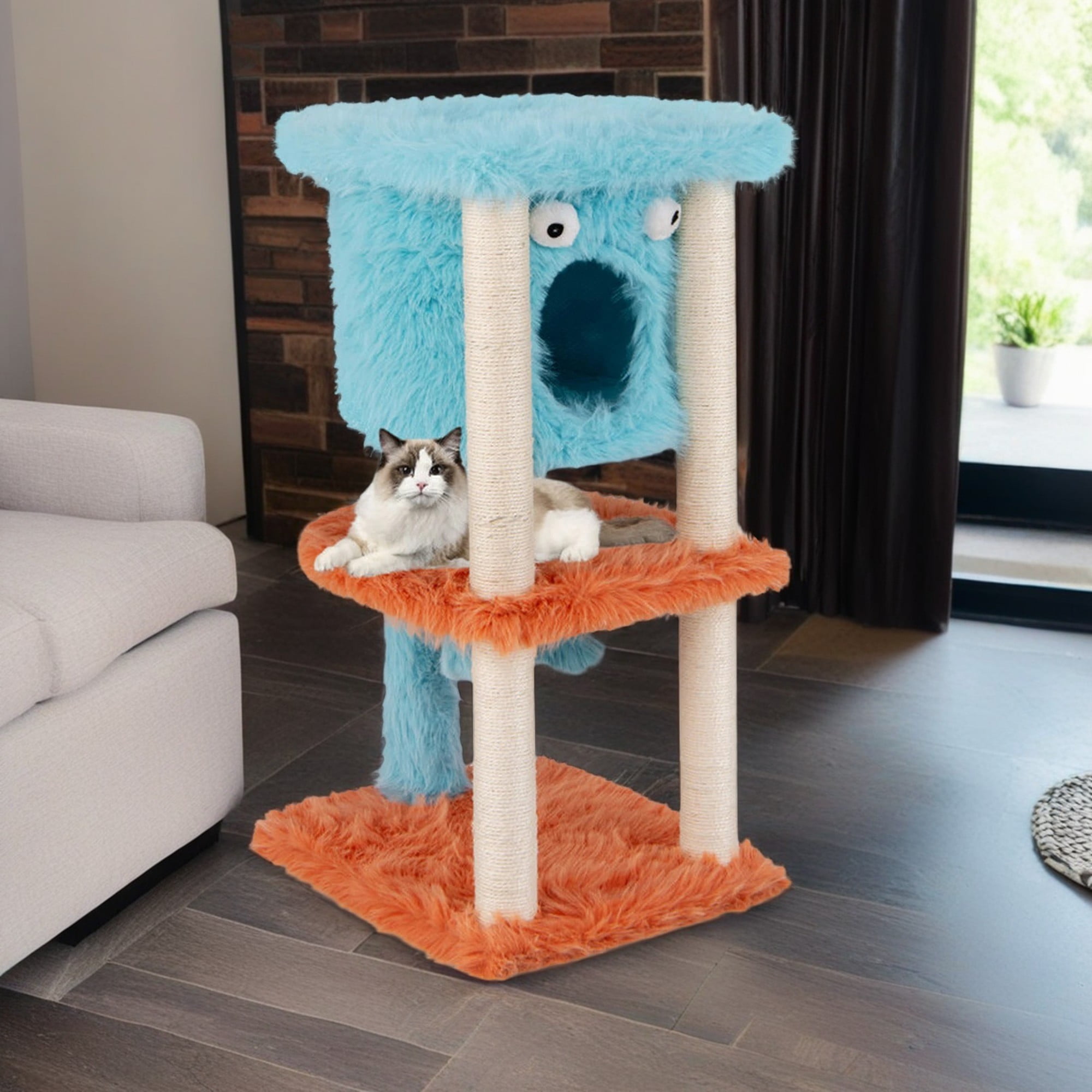 Kadyn 34" Cute Monster-Themed Cat Tree Tower with Private Cat Condos for Small Place, Blue+Orange