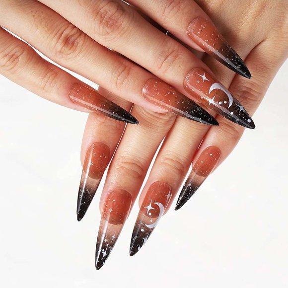 Press on Nails Long Ombre Black Fake Nails Designed Acrylic Glossy False Full Cover Nails Halloween for Women and Girls
