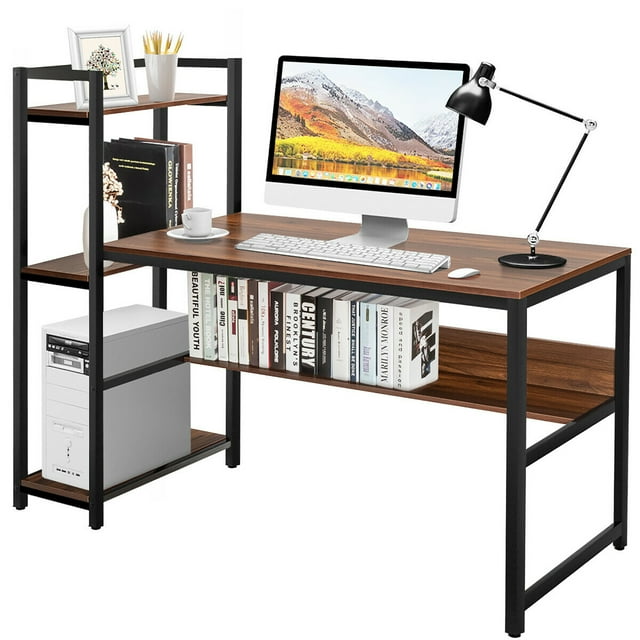 Costway Bureau d'Ordinateur Multifonction avec Étagères de Rangement à 4 Niveaux Noyer