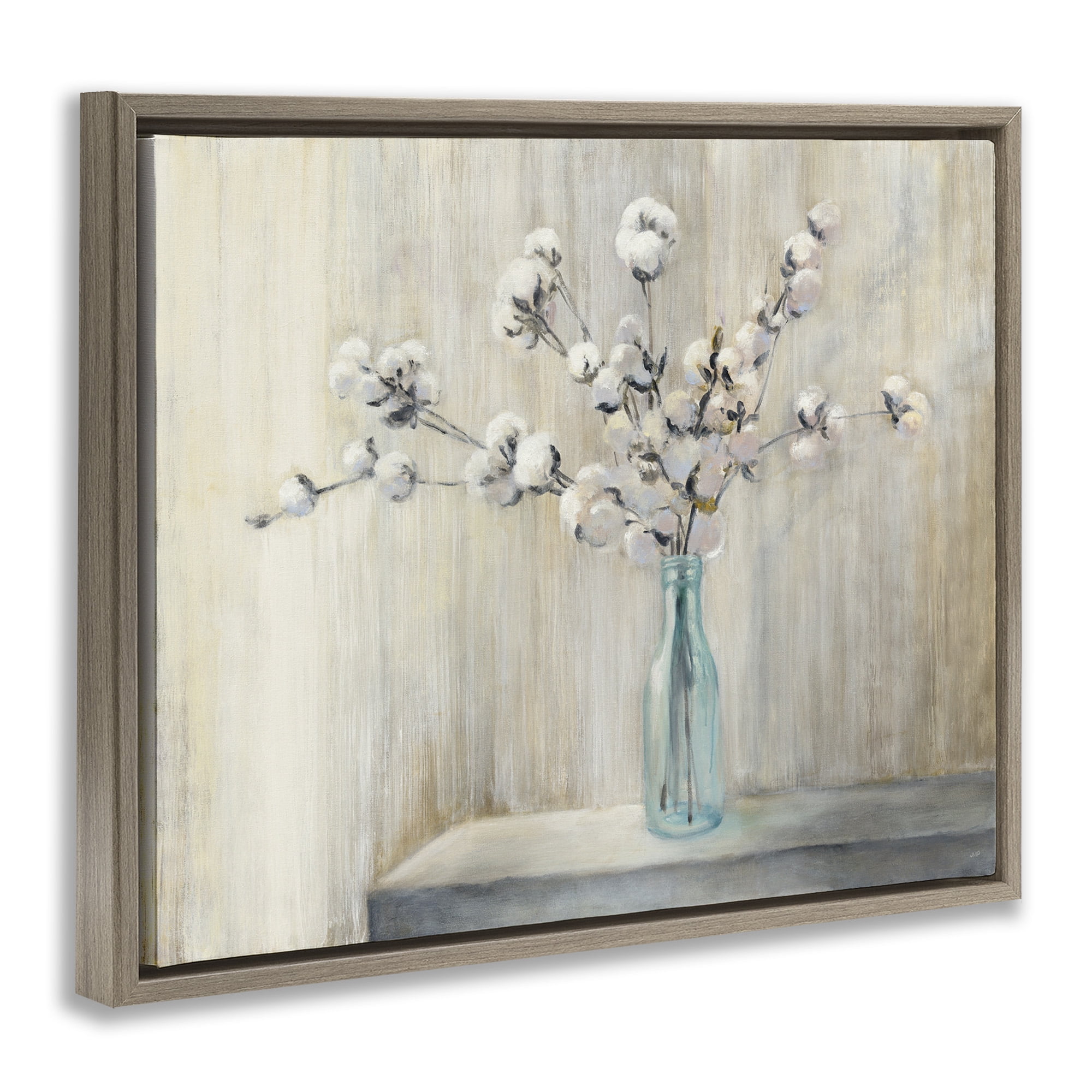 Stupell Industries Beautiful Cotton Flower Painting Botanical & Floral Painting Brown Floater Framed Canvas Art Print Wall Art, 31 x 25