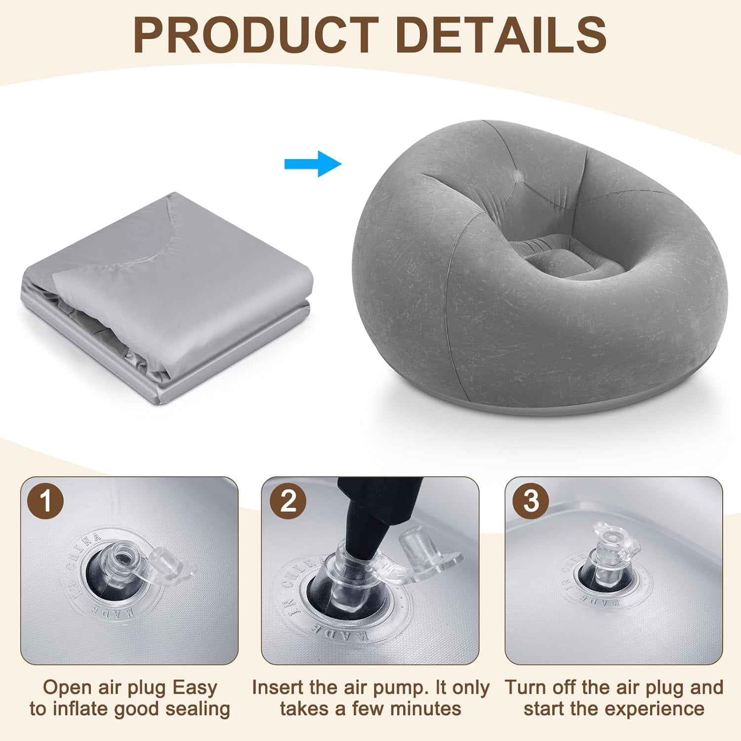 Inflatable Bean Bag Chairs for Adult Blow up Chairs Lazy Sofa Folding Portable Inflatable Chair for Movie Outdoor Room Bedroom Reading Camping(Grey)