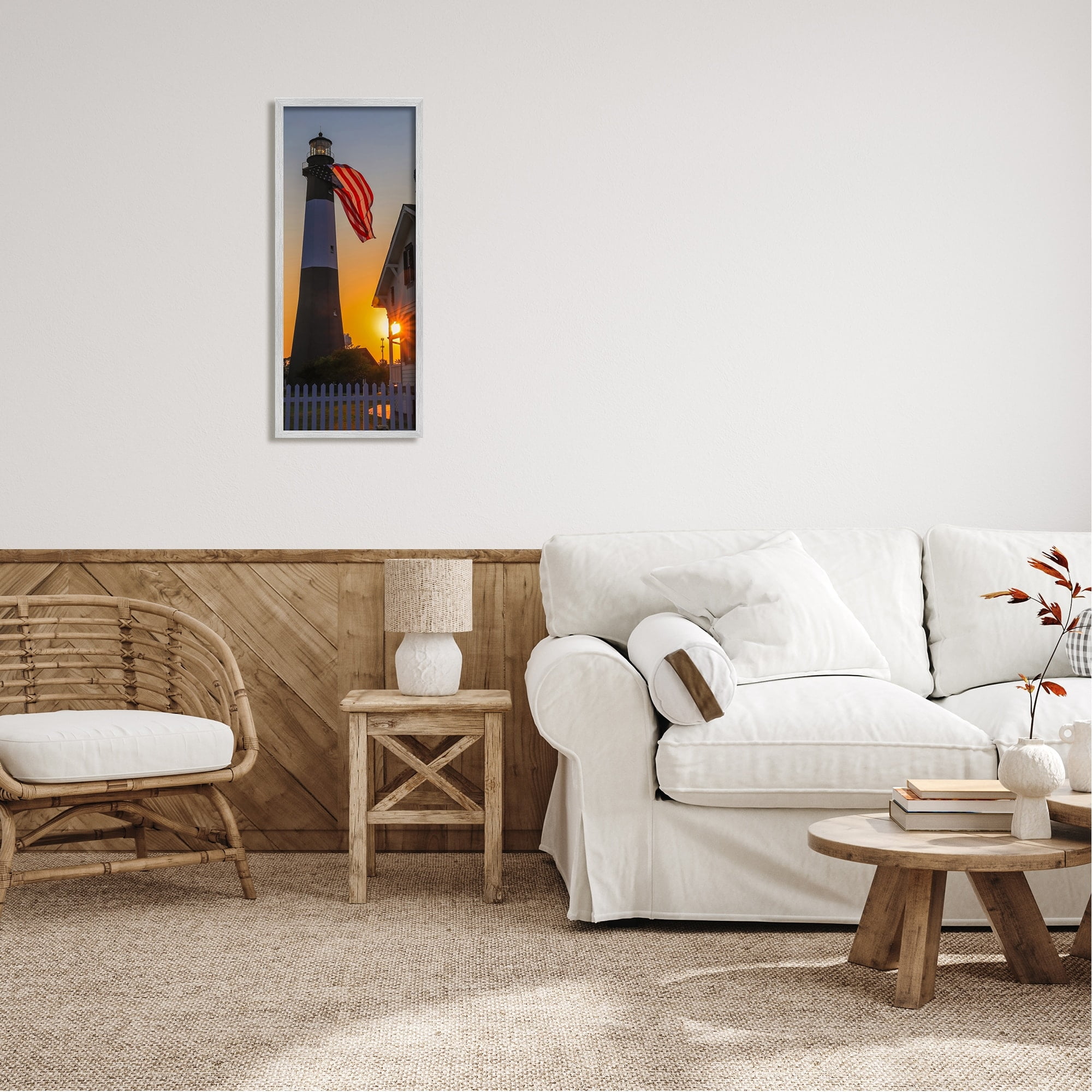 Stupell Industries Seaside American Flag Lighthouse Beacon Sunset Rays Framed Wall Art, 13 x 30, Design by Devon Davis