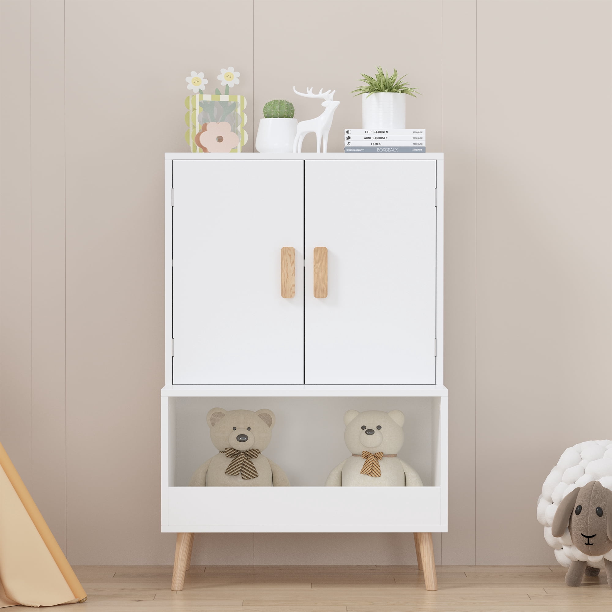 Toy Storage Cabinet with Doors and Open Shelf,Modern Wooden Storage Cabinet Bookcase Toy Storage for Playroom,Bedroom,White