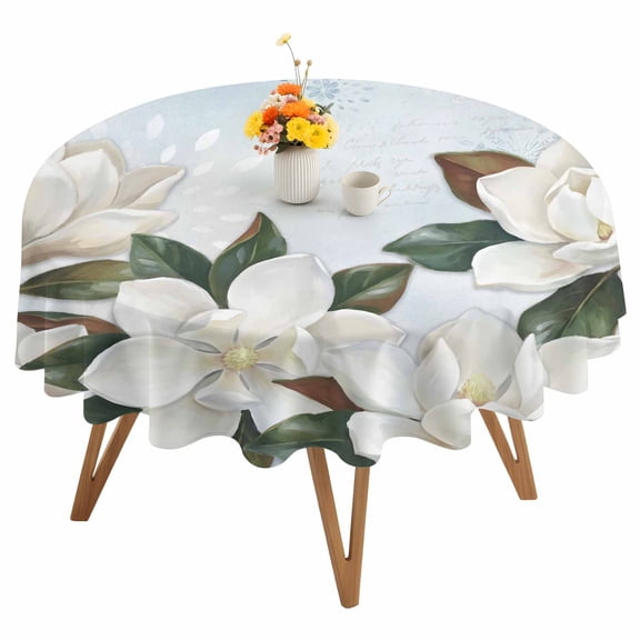 White Magnolia Round Tablecloth 54 inches Watercolor Flower Floral Plants Leaf Farmhouse Waterproof Oil-Proof Table Cloth Round Table Cover for Holiday Party Picnic Dinner Decor Indoor Outdoor Use