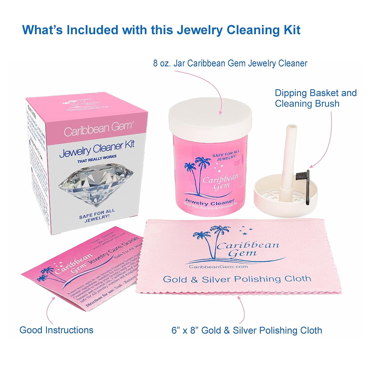 Caribbean Gem 8 oz Jewelry Cleaner With Basket, Brush and Cloth All Purpose Jewelry Cleaner Solution for Gold, Silver, Diamonds, Rings, Necklaces, Gems, Precious Stones & Metals