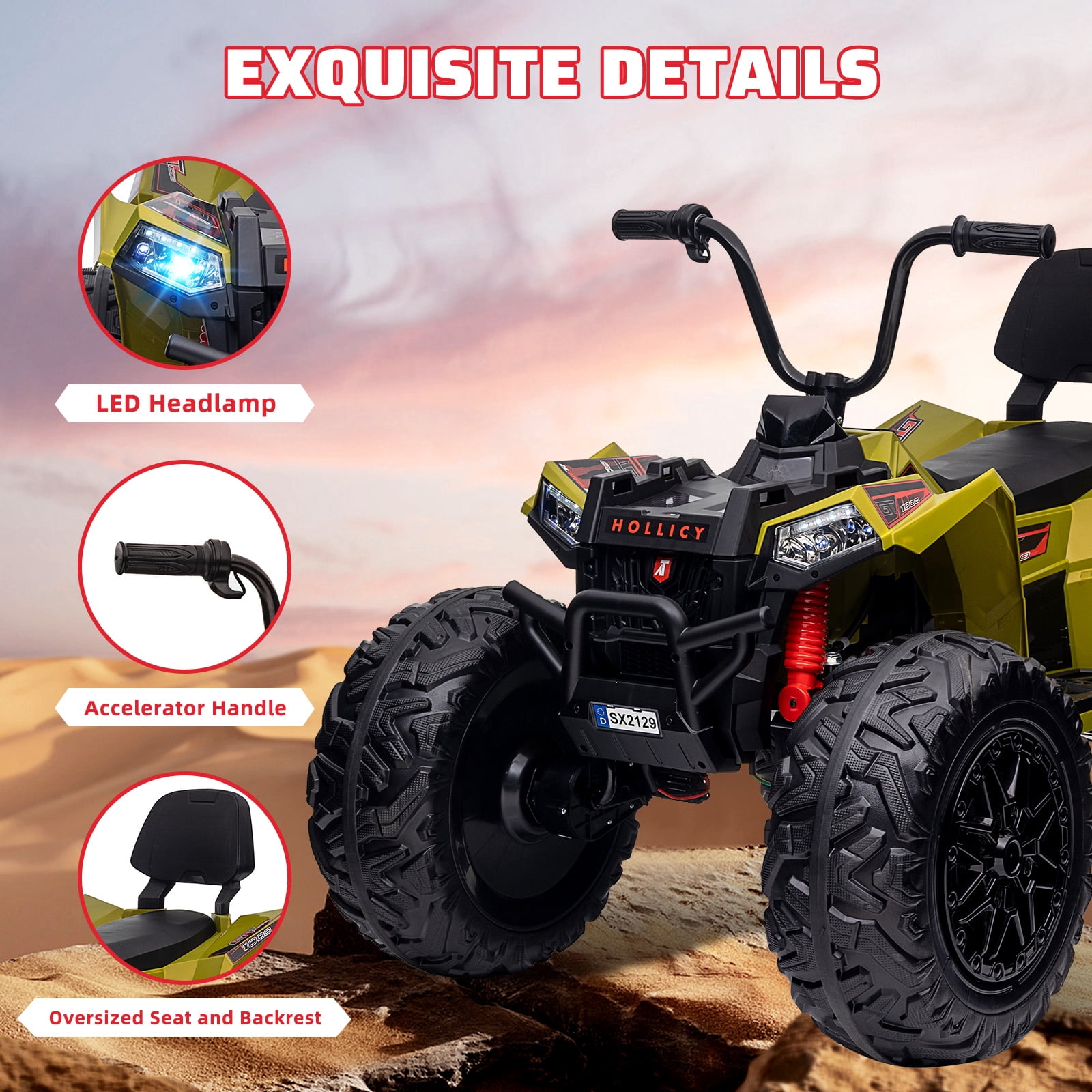 Telyswee Kids ATV 24V Ride on Car 4WD Quad Electric Vehicle, 4x80W Powerful Engine, with 7AHx2 Large Battery, Accelerator Handle, EVA Tires, LED Light, Full Metal Suspensions, Bluetooths & Music