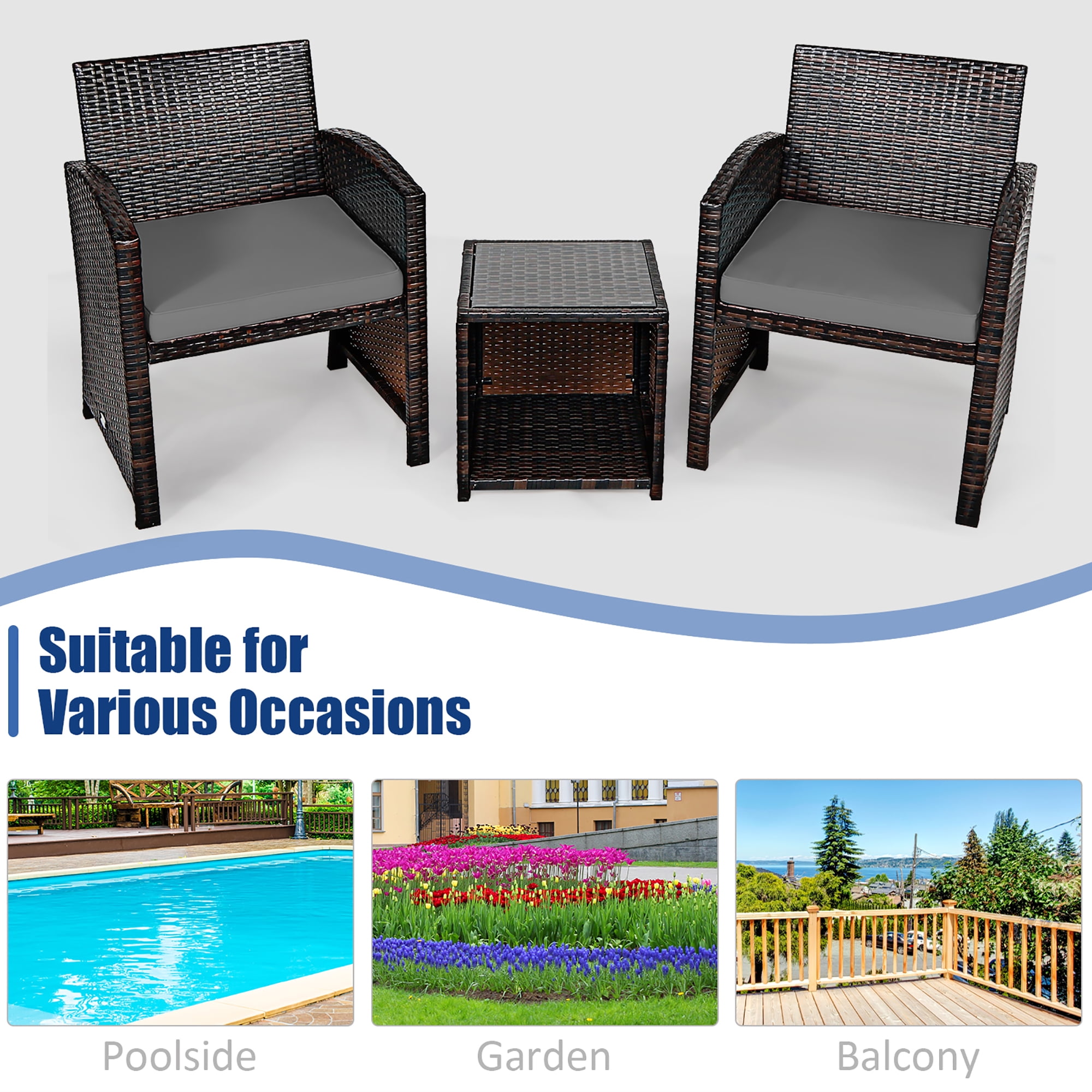 Costway 3PCS Patio Rattan Wicker Furniture Cushion Sofa Coffee Table Gray