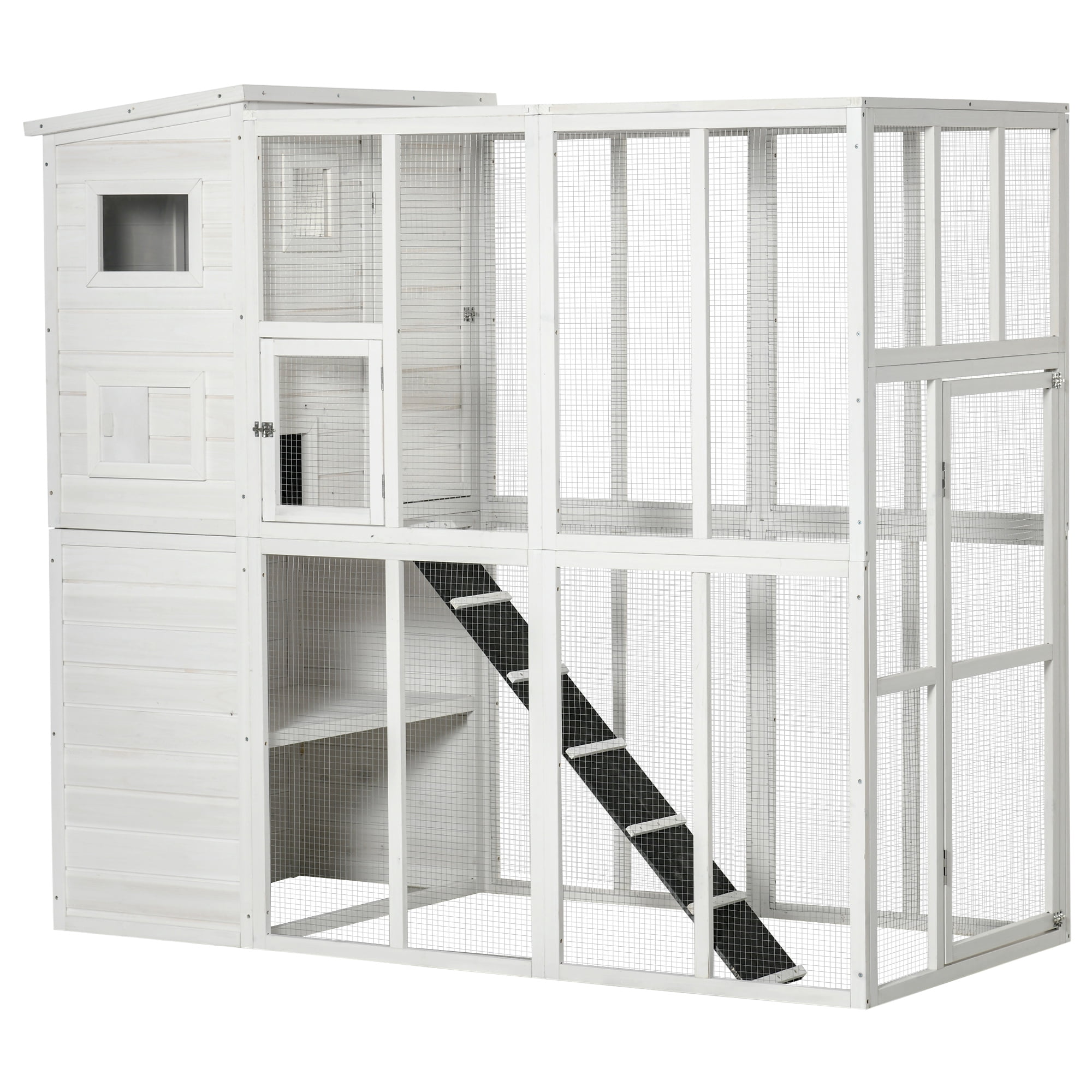 PawHut Large Wooden Outdoor Cat House Kitten Enclosure with Large Run, Asphalt Roof, Catio for Lounging, and Condo Area for Sleeping - 77"L, White