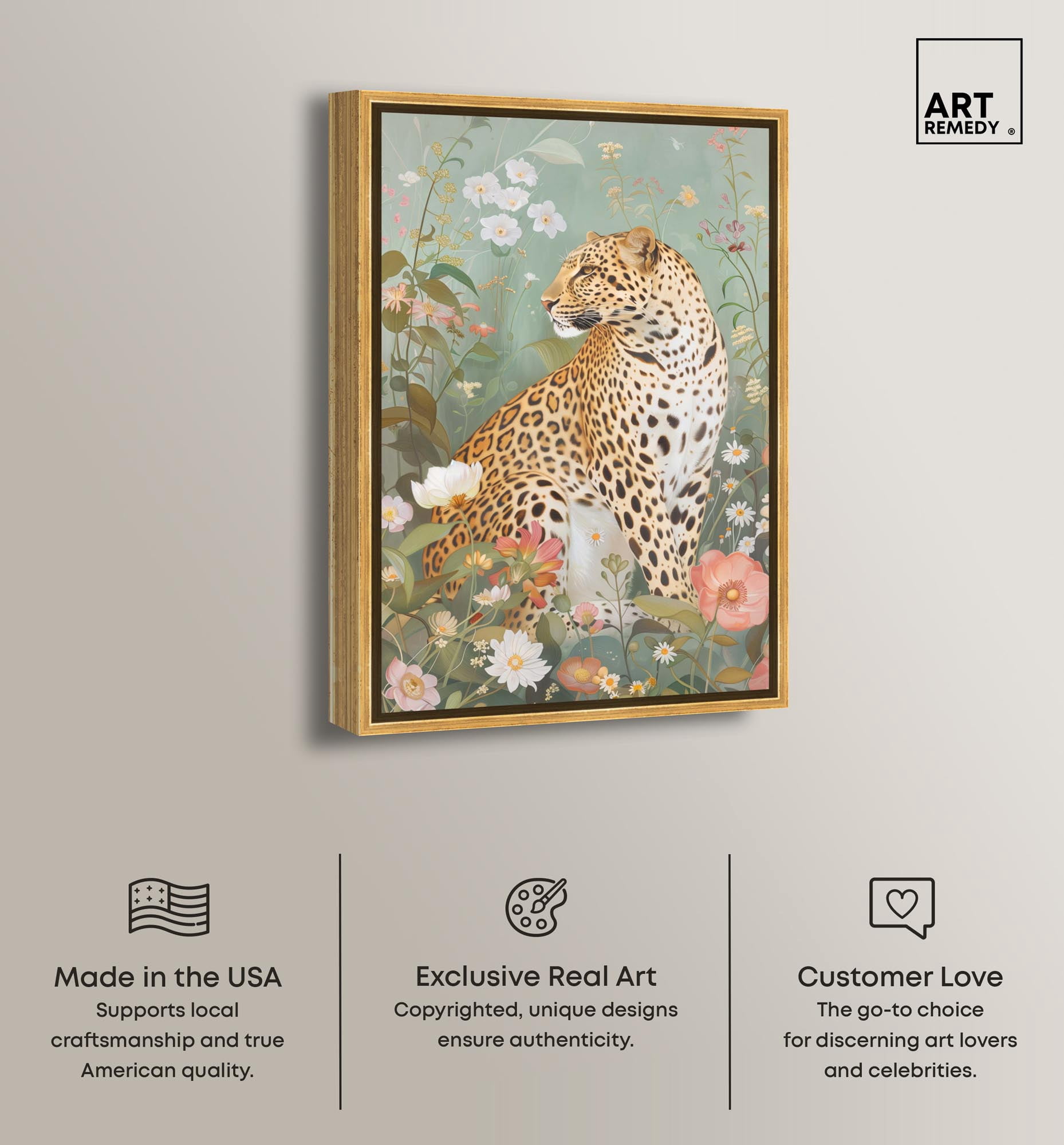 Leopard Spring Canvas Vintage Animal Art by Art Remedy, Gold Frame, 20" x 30"