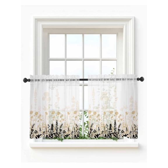 Cream Flowers Tier Curtains 24 Inch Length,Sheer Curtains for Bedroom Living Room,Country Pastoral Spring Floral Herbs Rod Pocket Voile Drapes Kitchen Curtains Small Half Window 27.5"x24" 2 Panels