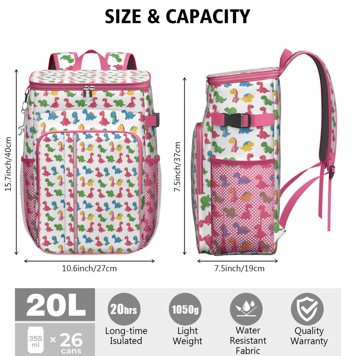 Travel Cooler Bag - White Colorful Tiny Dinosaurs Pattern Camping Beer Cooler Backpack with Bottle Opener- Waterproof Insulated Picnic Backpacks - Cooler Bag for Beach