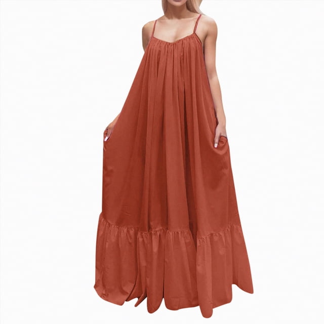 NIEWTR Robe d'Été Ample pour Femme, Robe de Plage d'Été à Col en V Sans Manches, Décontractée et Fluide, Maxi (Brun, 2TG)