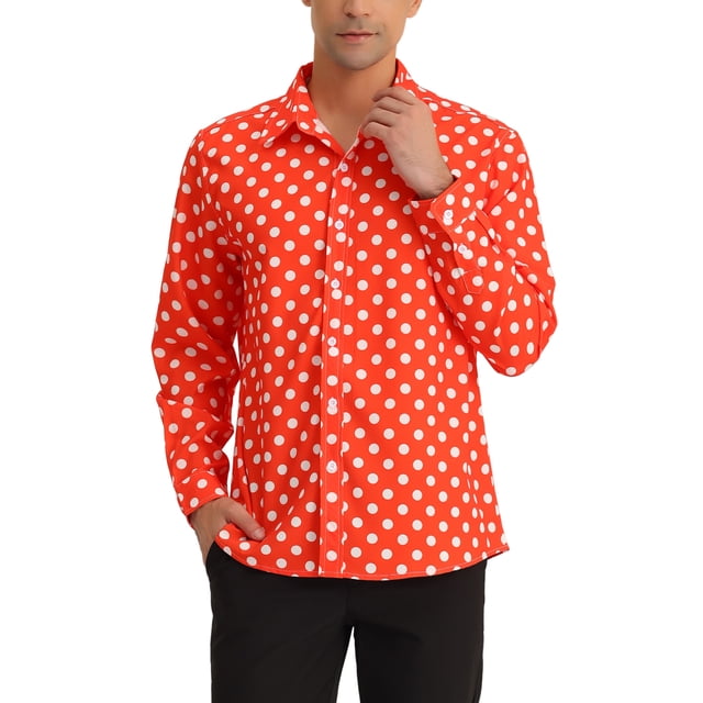 Camisa de vestir de botones de manga larga para hombre INSPIRE CHIC con estampado de lunares, color rojo