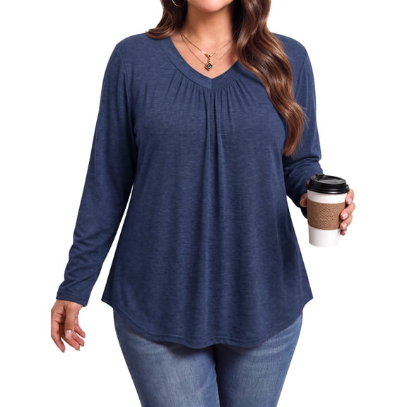 WellSize Womens Plus Size Tops Casual Pleated V Neck Fall Blouse Tunic Long Sleeve Shirts