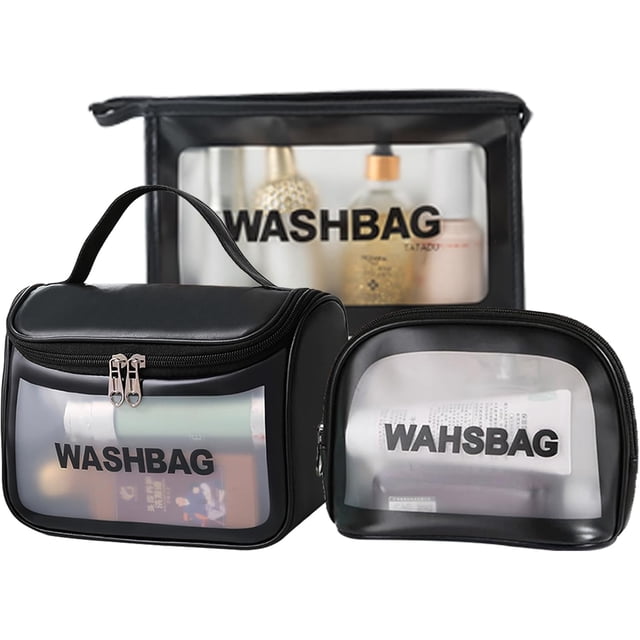 Cosmetiquera Transparente de 3 Piezas, Bolsa de Baño para Viaje para Mujer, Bolso de Tocador Translúcido Impermeable, Bolsa Neceser Viaje Maquillaje, Cosmetiquera para Maquillaje de Viajes (Negro)