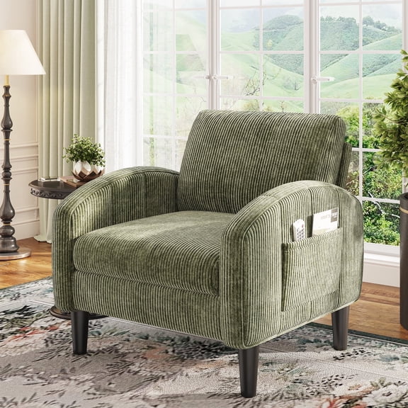 Romorgniz Mid Century Modern Accent Chair, Lounge Armchair with Extra Thick 6.3" Cushion & Side Pockets, Comfort Chair for Living Room, Bedroom, Apartment, Small Space, Forest Green