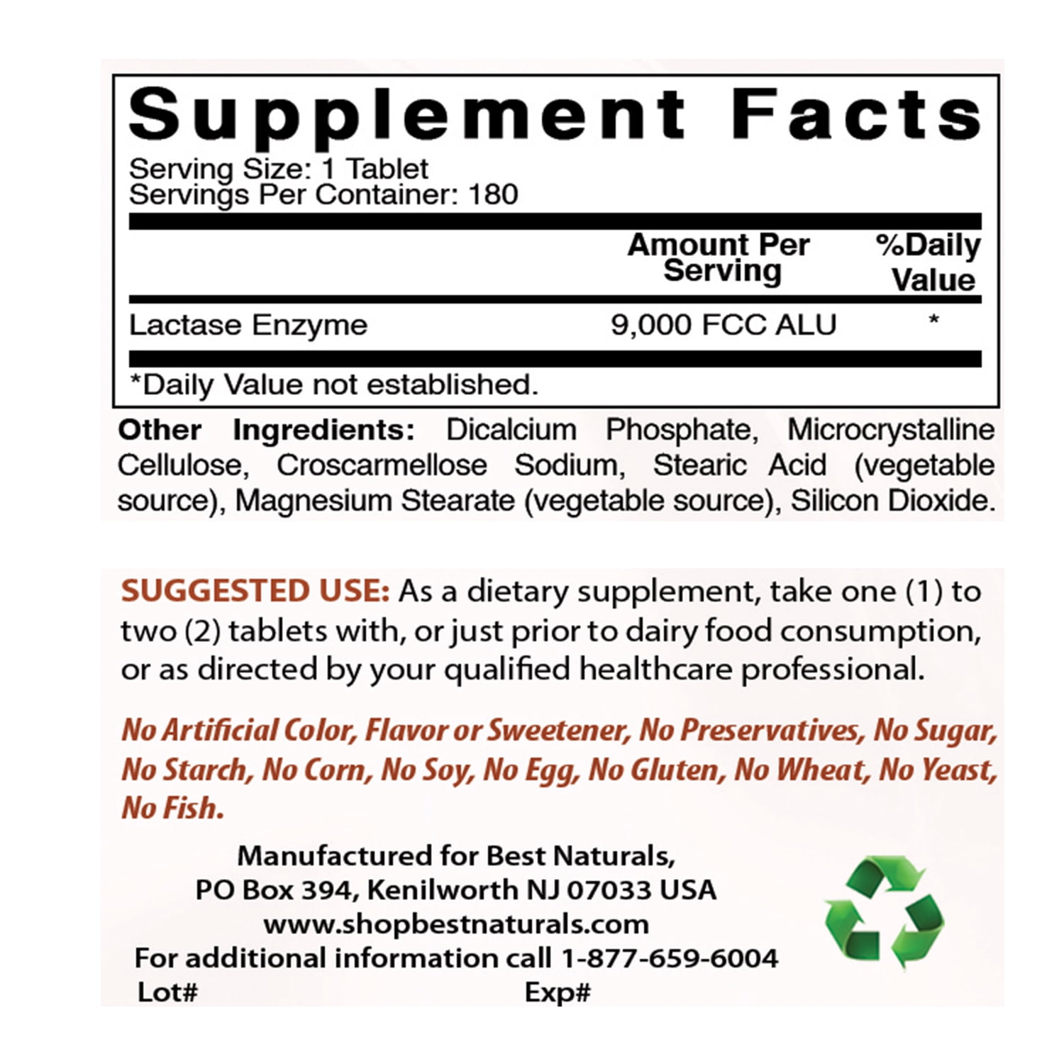 Best Naturals Natural Lactase Enzyme 9000 FCC ALU, 3 Pack, 180 Tablets