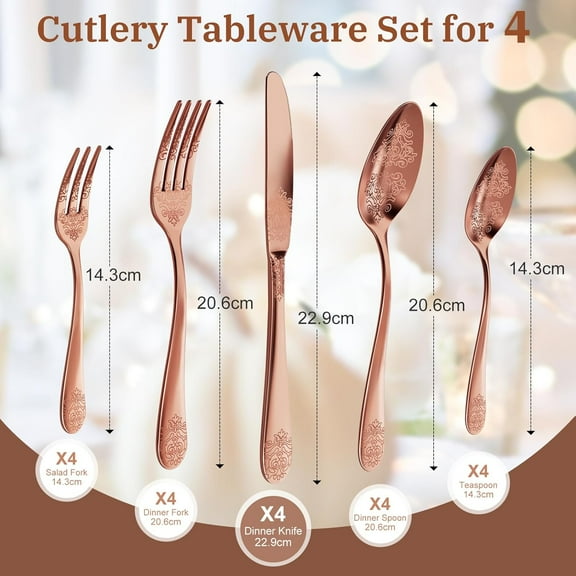 TRA-20-Piece Stainless Steel Silverware Set, Elegant Floral Engraved Cutlery Flatware Set for 4, Durable Tableware Utensil Sets for Formal Dining Include Fork Spoon Knife with Mirror Polish