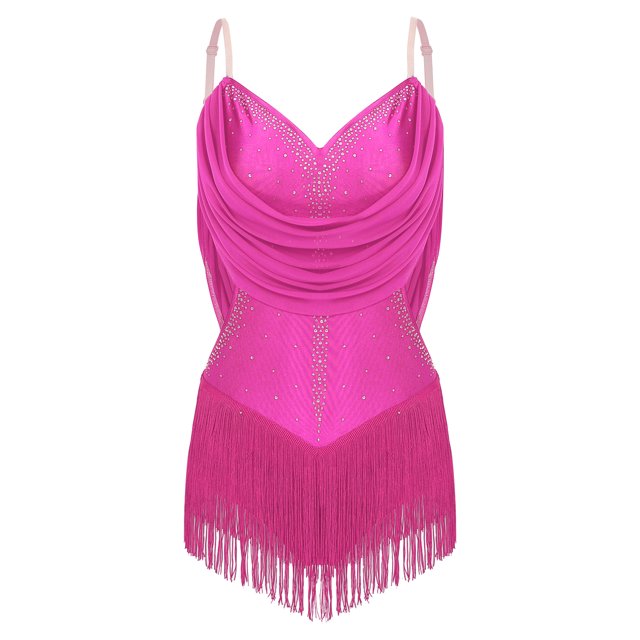Yeahdor Robe de Cocktail Sans Manches Rumba Salsa Latin Ballroom Dance avec Franges Rose Vif G