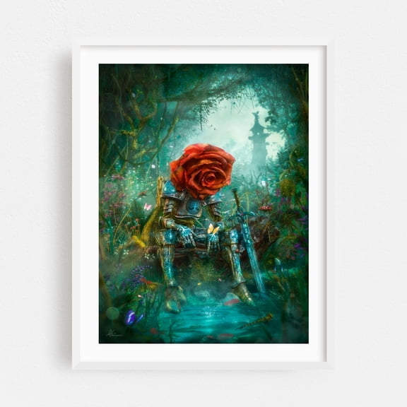 Sir Redlead - Mixed Media Surrealism Fantasy Mystical Floral Butterfly Illustration Woodland White Framed Wall Art Print 9 x 12 inches