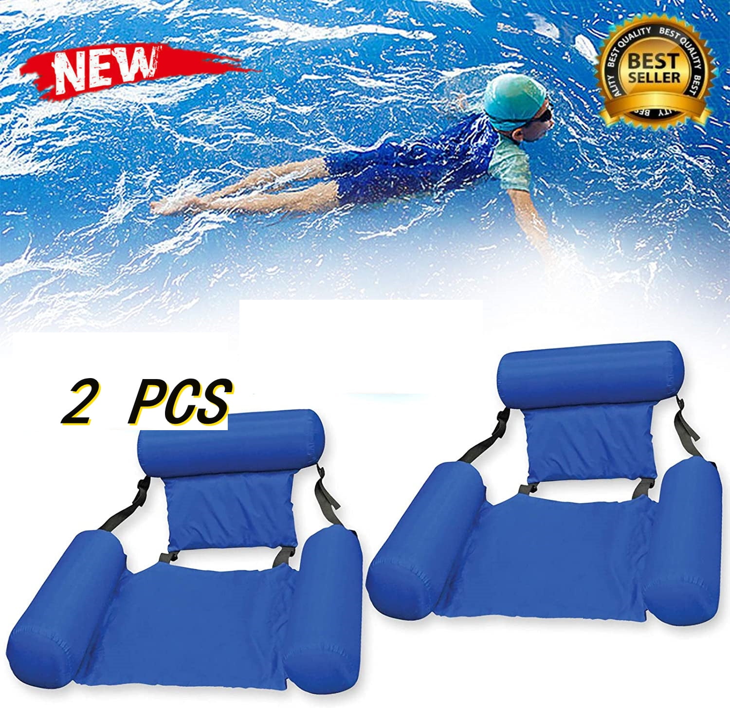 2PCS Large Blue Swimming Pool Float Chair Portable Folding Swimming