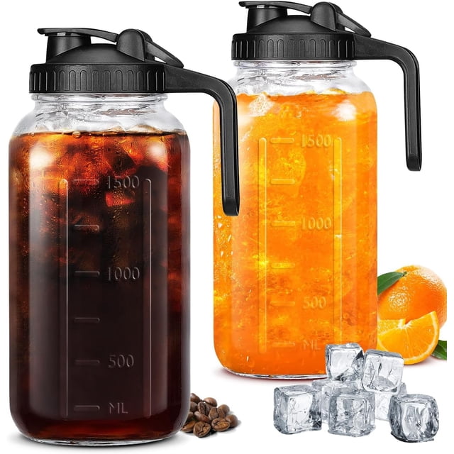 Wexlerey Jarra de vidrio con tapa, juego de 2 Mason Jar jarra de 64oz de galón con tapa de filtro, jarra de boca ancha a prueba de fugas, jugo, leche, té, café helado
