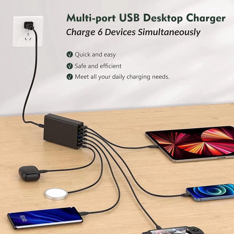 USB C snel laderblok, 120W 6-poort laadstation GaN Hub adapter, USB C wand Multi-lader stroomstok stekker met aan/uit schakelaar voor iPad iPhone 16 15 14 13 12 Pro Max Galaxy S23