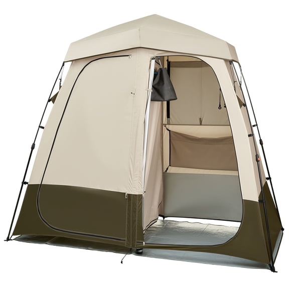 2-Room Camping Shower Tent, Privacy Shelter with Stakes, Ropes, Carry Bag, 150D Oxford Silver Coating, for Beach and Fishing