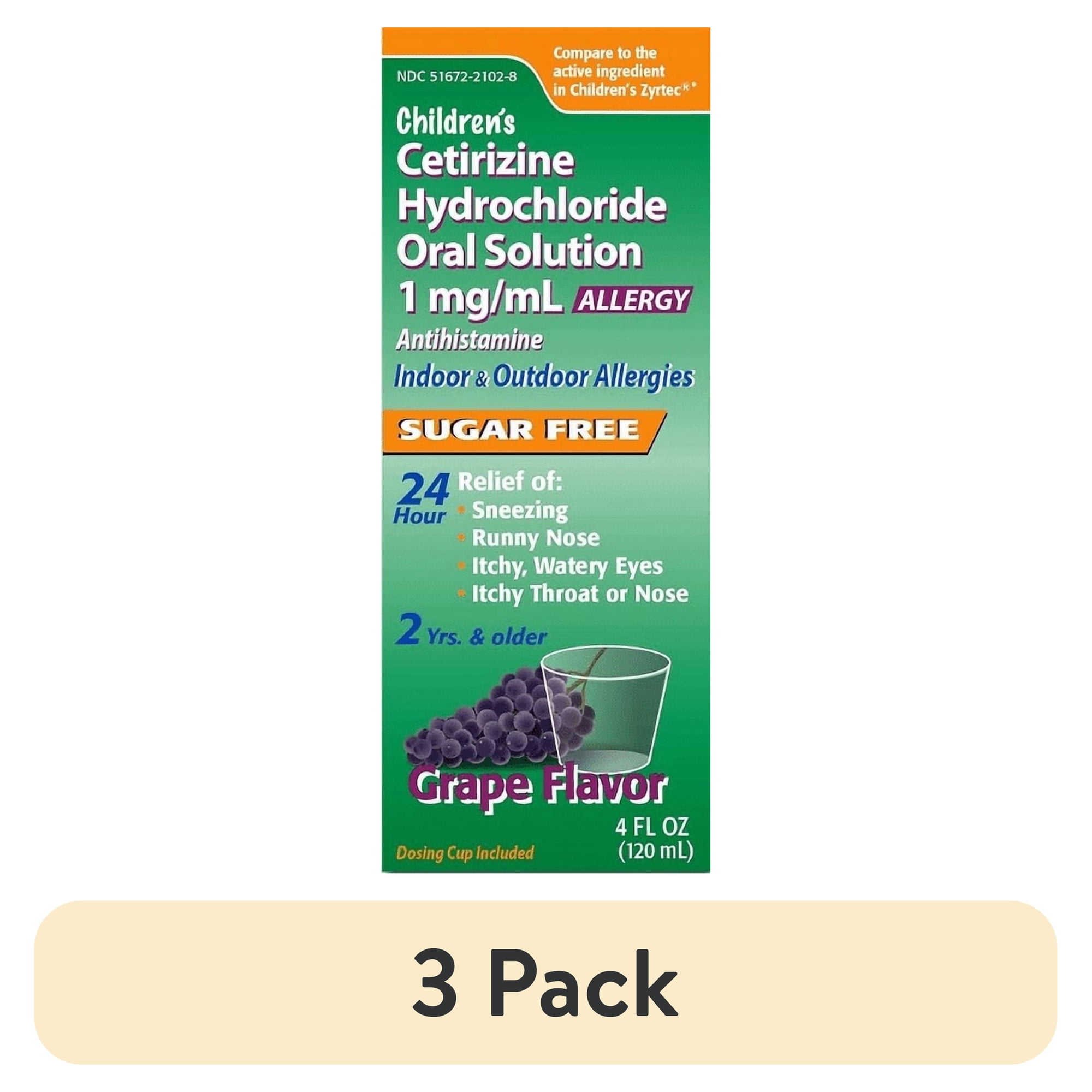(3 pack) Children's Allergy Medicine, Sugar Free Grape Flavor, Cetirizine Kids Antihistamine Oral Solution Syrup for Indoor & Outdoor Allergy Relief, 24-Hour Symptom Relief, 4 fl oz