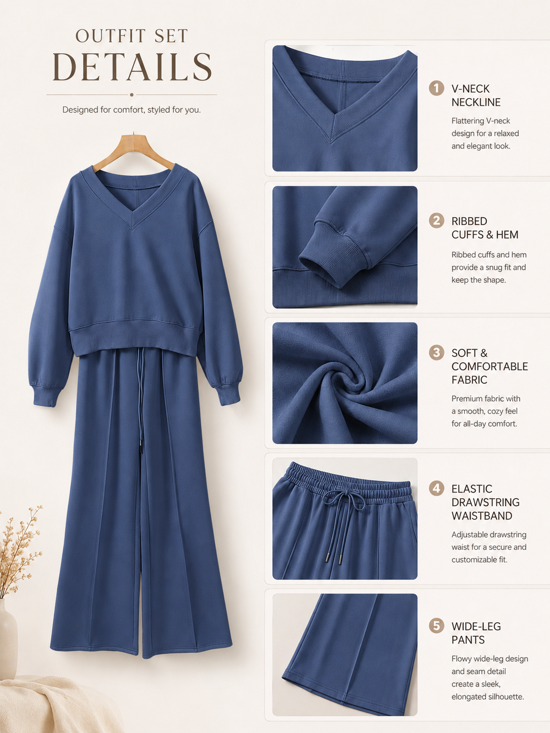 Dokotoo Women's V-Neck Sweatsuit Wide Leg 2-Piece Set photo 2