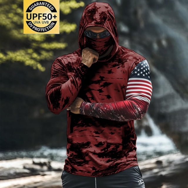 Pisexur Sun Protection Clothing Men UPF 50 Long Sleeve Shirt Men Printing Summer Sunscreen Is Breathable Long Sleeve With A Mask Hooded Blouse Wine,XL