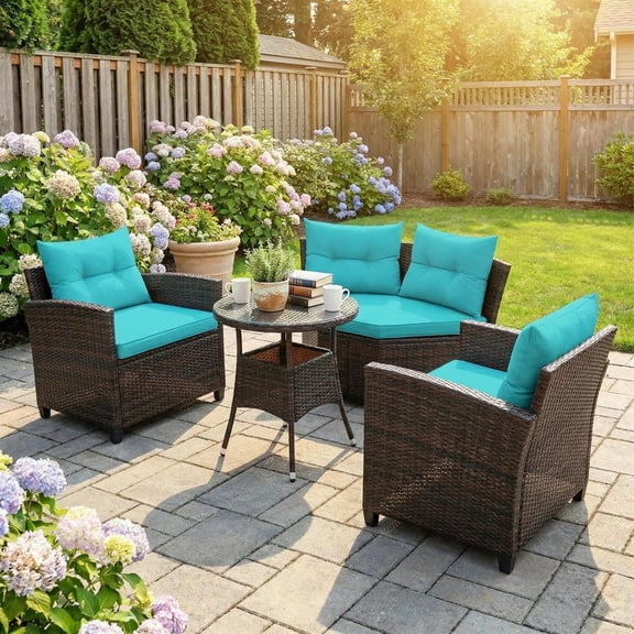 Topcobe 4 Pieces Outdoor Cushioned Rattan Furniture Set, Outdoor Furniture, Turquoise