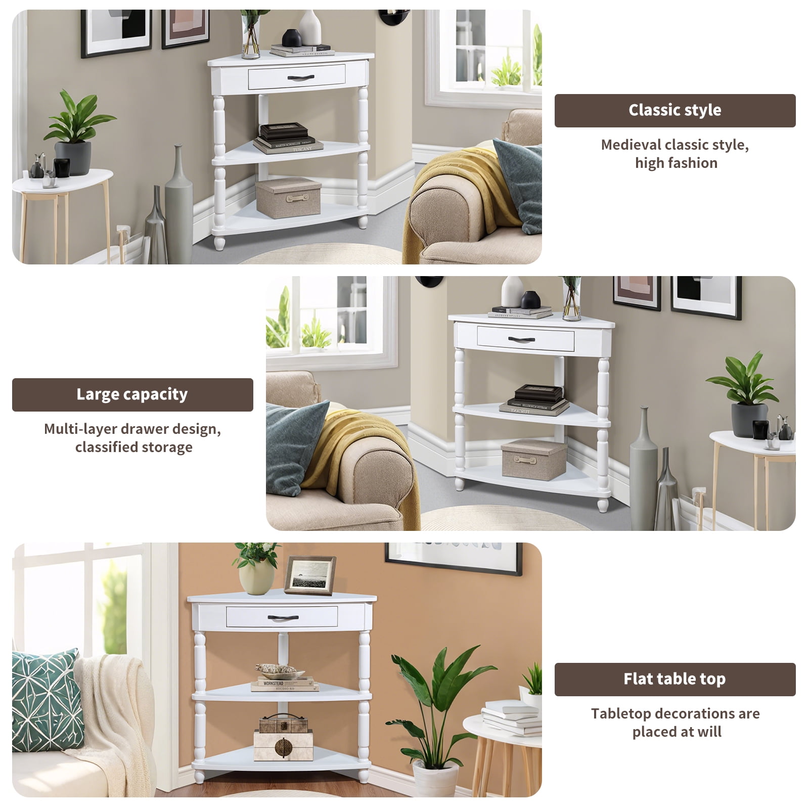 3-Tier Corner Shelf Unit for Small Spaces - Triangular Storage Rack with Solid Wood Legs, Multi-Functional Apartment & Living Room Furniture, Easy Assembly (Milk White)
