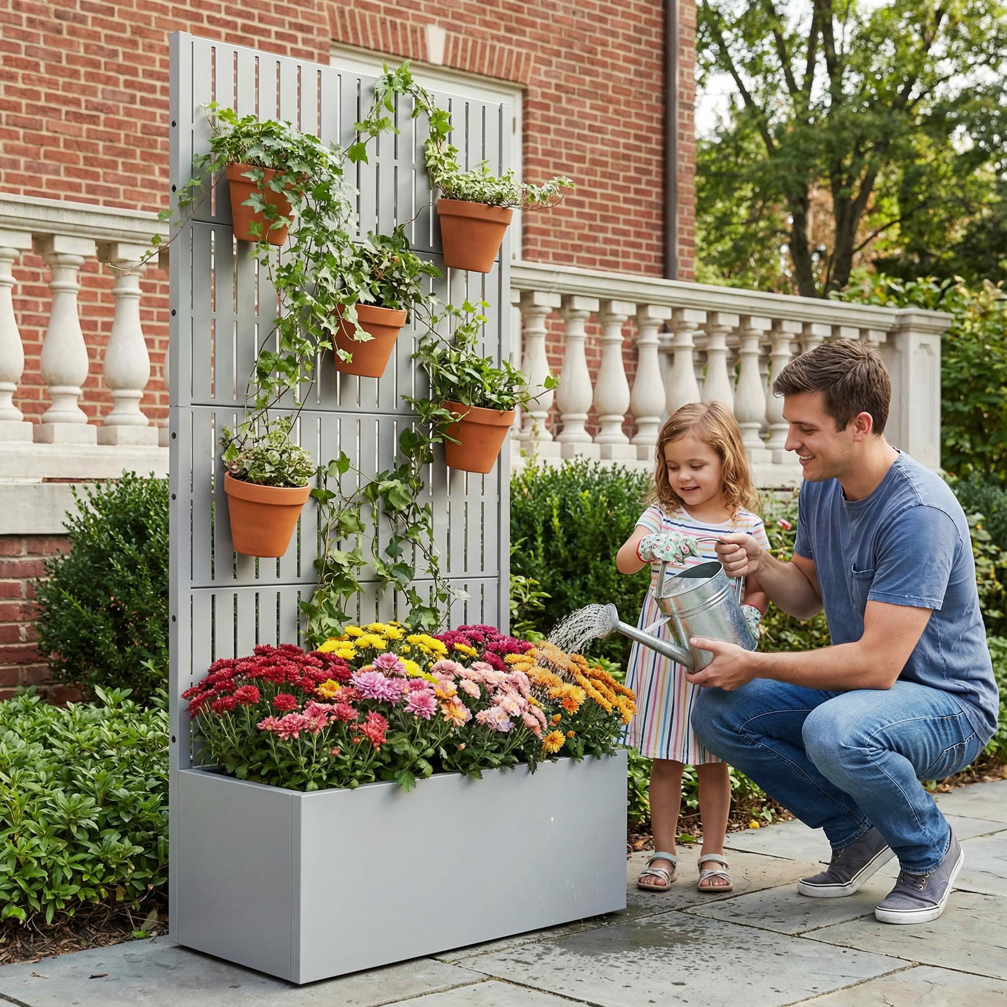 MAYEERTY 59X30" Metal Outdoor Gray Privacy Screen with Planter Box for Backyard & Garden, 4 Piece Set