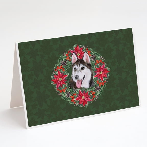 Siberian Husky #2 Poinsetta Wreath Greeting Cards and Envelopes Pack of 8