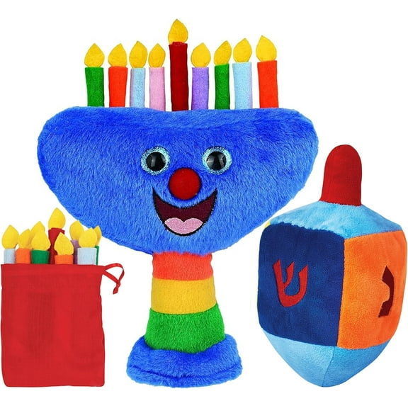 Aviv Judaica Plush Hanukkah Menorah & Plush Dreidel Toy Musical Menorah Plays 2 Classic Hanukkah Melodies Includes Removable Chanukah Candles & Candle Bag with Rattle Dreidel