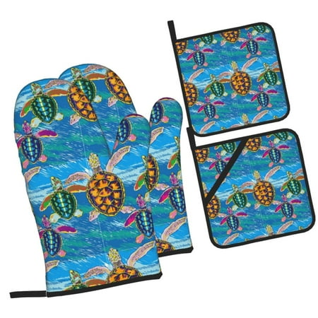 

Daiia Little Sea Turtles Pattern Oven Mitts and Pot Holders 4 pcs Set High Heat Resistant 500 Degree Extra Thicken Long Kitchen Cotton Oven Glove