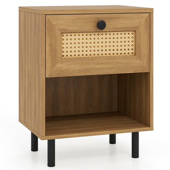 Kadyn Rattan Nightstand with Rattan Drawer and Open Shelf, Bedside Table for Living Room, Bedroom, Natural