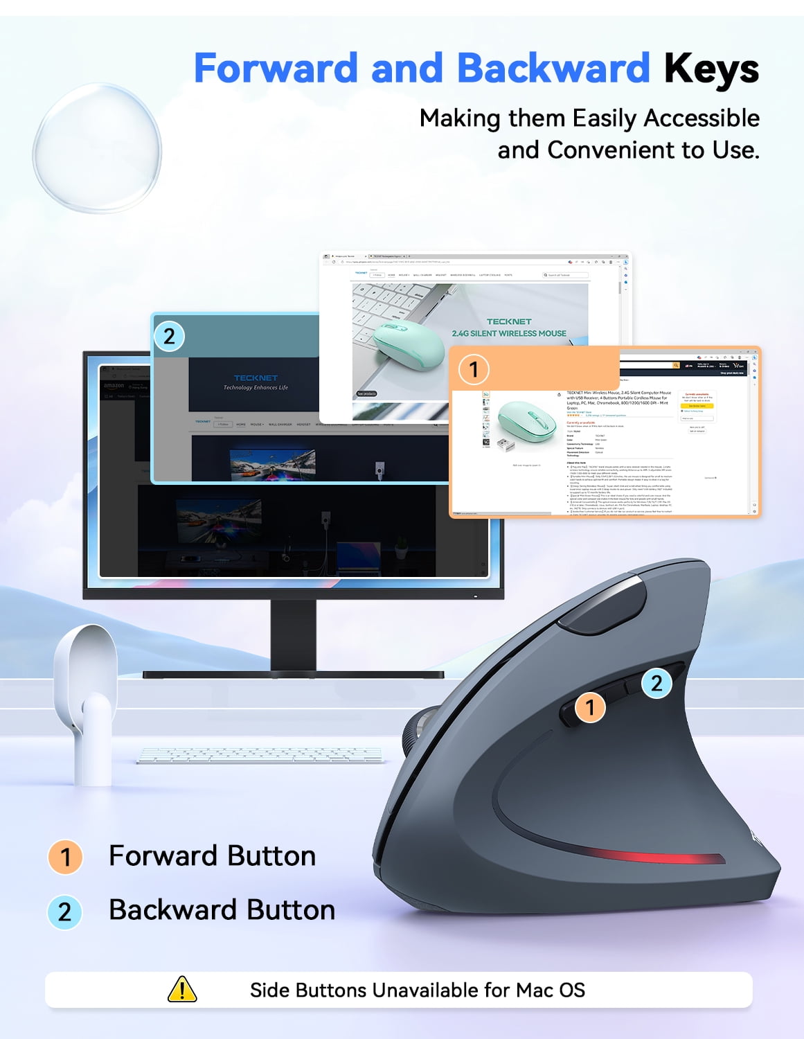TECKNET Ergonomic Mouse, 4800 DPI Silent Mouse 5 Adjustable DPI, Wireless Mouse 2.4G Vertical Mouse 6 Buttons Computer Mouse Wide Compatibility (Grey)