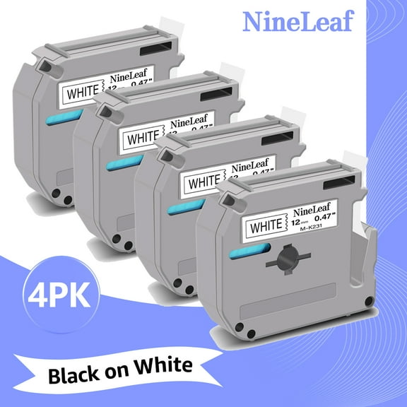 NineLeaf 4PK Compatible for Brother P-touch M-K231 M-K231s M231 1/2" 12mm Black on White Label Maker Tape Refills for PT-45m PT-65 PT-70bm