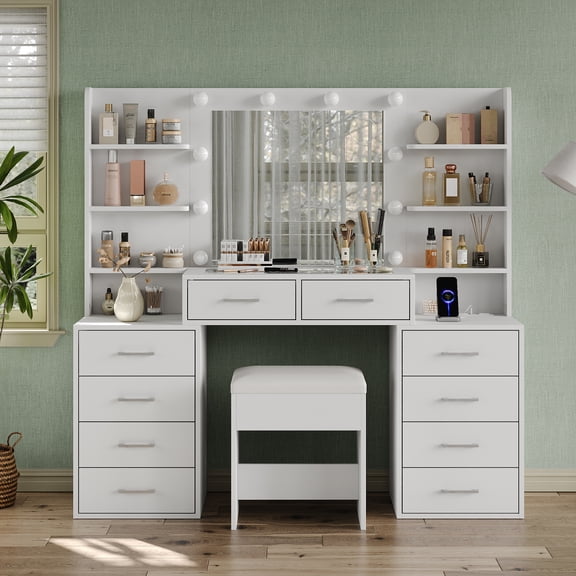 55-inch wide dressing table, with mirror and lighting, 10-drawer makeup table, equipped with a charging station, 6 open shelves, 3 brightness lighting modes, with a chair, white