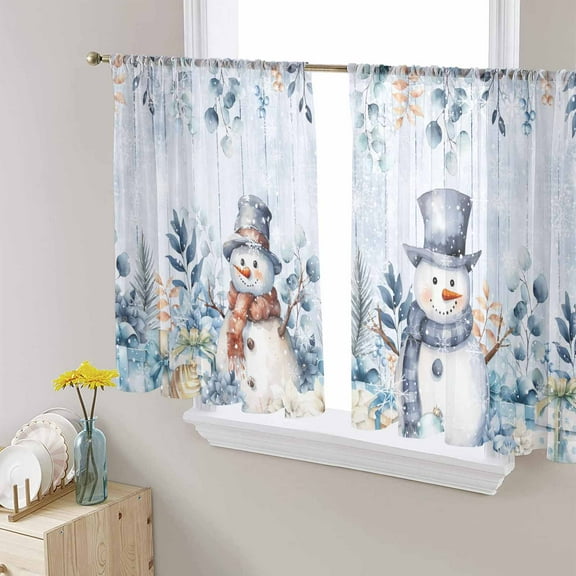 Blue Snowman Christmas Sheer Curtains 45 Inches Long, Xmas Eucalyptus Snowflake Vintage Light Filtering Window Curtains for Living Room, Rod Pocket Voile Sheer Curtain Drapes, 52"Wx45"L, 2 Panels