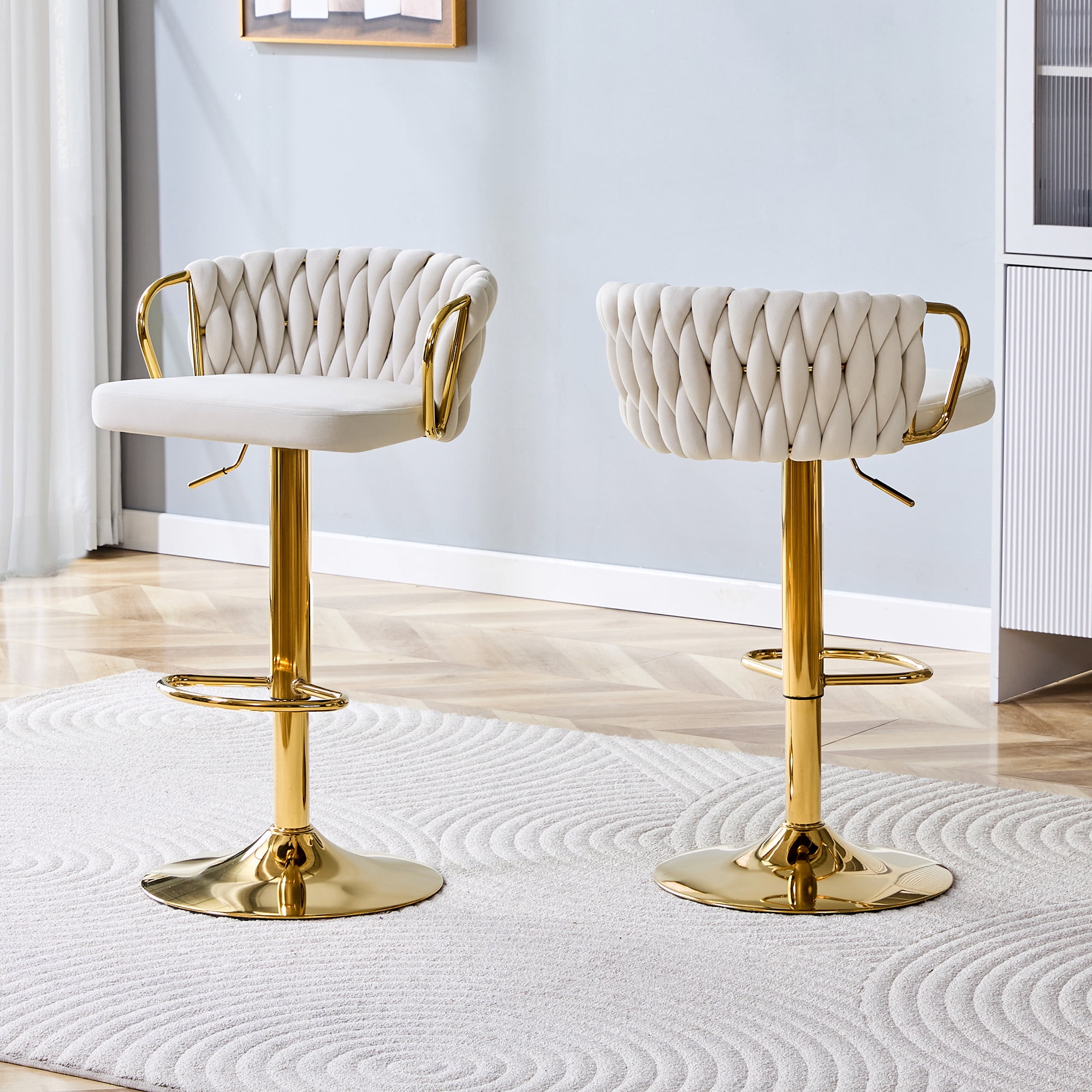 Alvantor Adjustable Bar Stools Set of 2 Modern Velvet Braided Swivel Bar Stools Counter Height Bar Chairs for Kitchen Island Beige