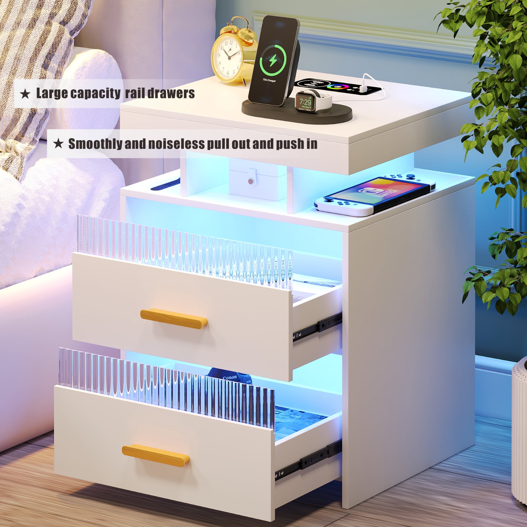 VKCC RGB LED Nightstand with 2 Drawers & Charging Station, Modern Bedside Table for Bedroom Living Room, White