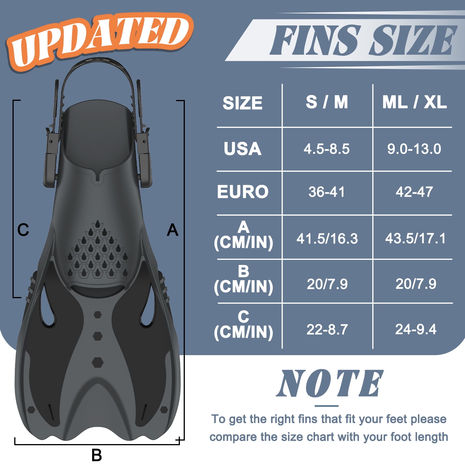MATEPROX Adult Swim Fins Adjustable Short Blade Dving Flippers Travel Size for Snorkeling-L/XL, Black