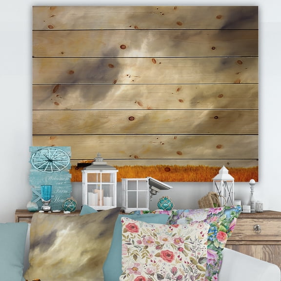 Designart 'Desert Farmhouse Under Cloudy Sky I' Farmhouse Print on Natural Pine Wood